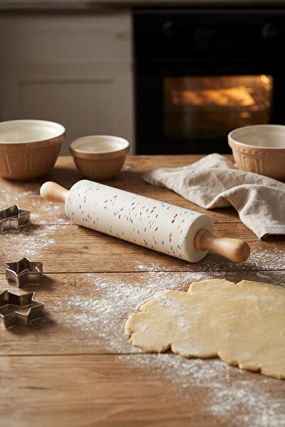 Vadi Ahşap Saplı Silikon Merdane Büyük Boy Yapışmaz Hamur Açma Oklavası