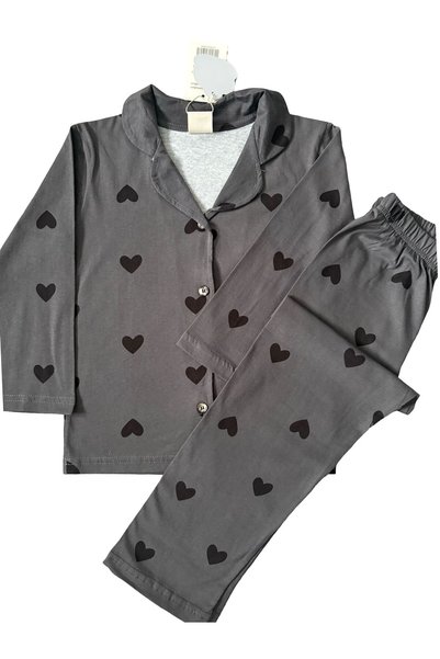 mışıl mışıl kids Girls' Shirt Collar Black Heart Pattern Thin Cotton Pajama Set
