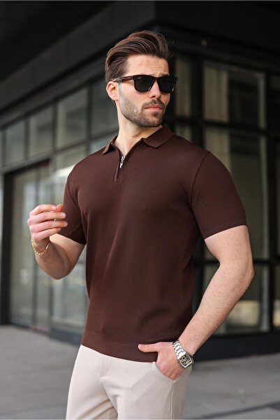 Madmext Brown Half Zip Polo Neck Knitwear Men's T-Shirt E7459
