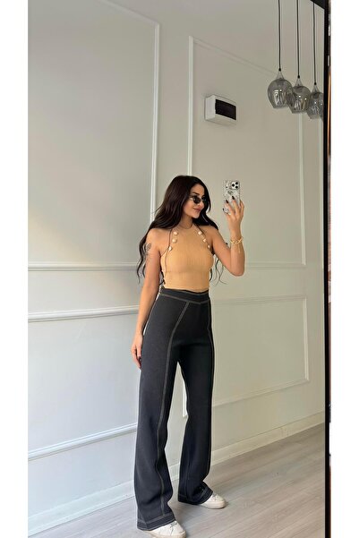 Daves Antrasit Dikişli Geniş Paça Çelik Triko Pantolon