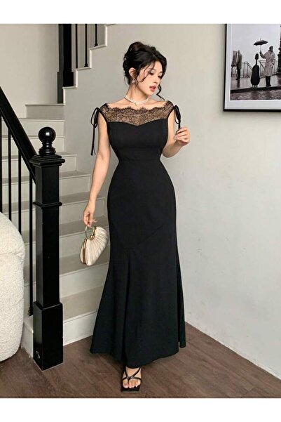 Viyamo Kadın Zarif Dantel Detaylı Kayık Yaka Görünümlü Uzun Abiye