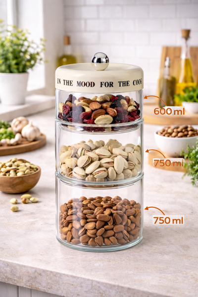 welcomein 3’lü Cam Kavanoz Seti 12x12x28 cm – 750+750+600 ml Üst Üste Dizileb...