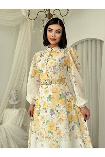 Julidress Yellow Floral Patterned Button Detailed Mock Neck Belt Premium Desi...