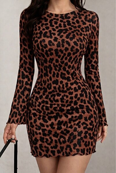 Turega Style Women's Long Sleeve Crew Neck Leopard Print Diver Mini Dress