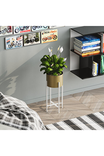 MOİRA Dekoratif,Metal Saksılık 48x23x23 cm Modern Ayaklı Beyaz Çiçeklik Mumlu...