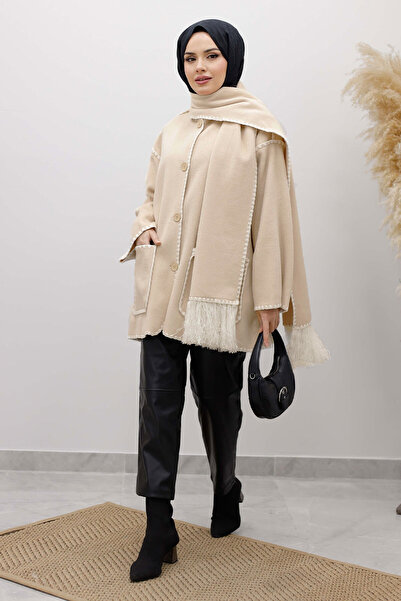 Tesettür Dünyası Scarf Cashmere Coat Tsd260106 Beige