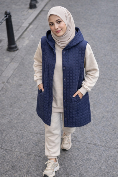 ŞIK VE MUTLU Quilted Square Pattern Hijab Sleeveless Jacket Overcoat