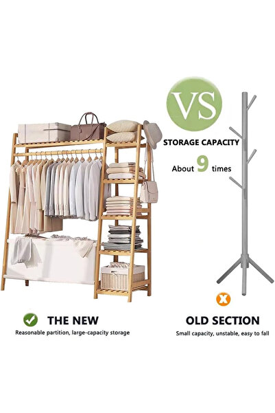 KEKE Multi-Functional Wooden Clothes Rack, 110cm Hanging Rail with Shelves, Freestanding Organizer