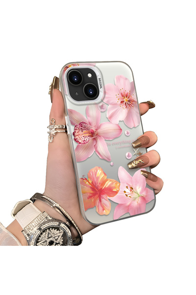 ucuc iPhone 13 Uyumlu Çiçek Desenli Mat Parlak Yüzey Darbe Koruma Renkli Gümü...