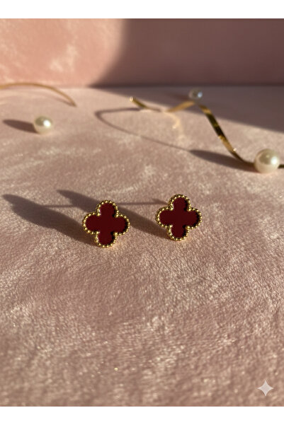 Hiis Store Kadın Bordo Mineli Yonca Figürlü Altın Kaplama Çivili Küpe