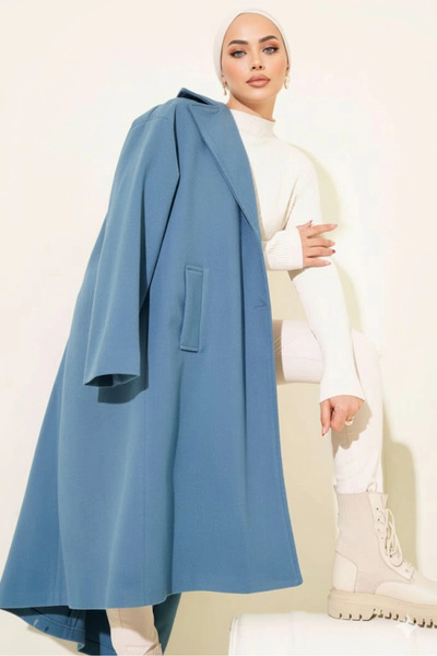 YAZGI MODA Gök Mavisi Premium Kruvaze Yaka Oversize Uzun Kaşe Kaban