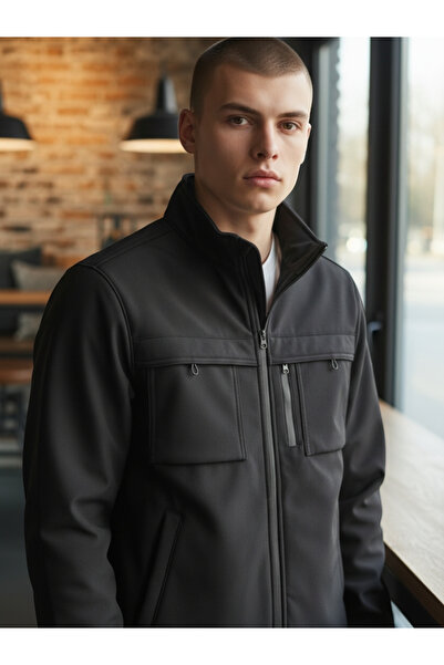 E-Giyimbank Men's Black Softshell Jacket Zippered Outdoor