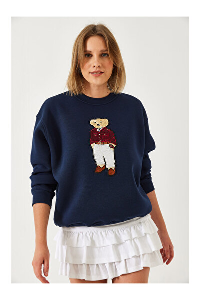 Helly lacivert kadın üç iplik baskılı swet