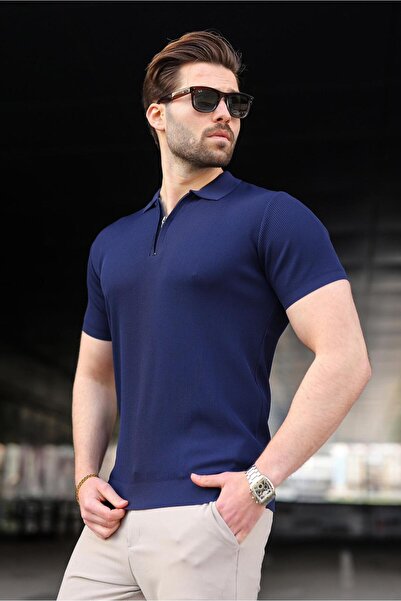 Madmext Navy Blue Half Zip Polo Neck Knitwear Men's T-Shirt E7459