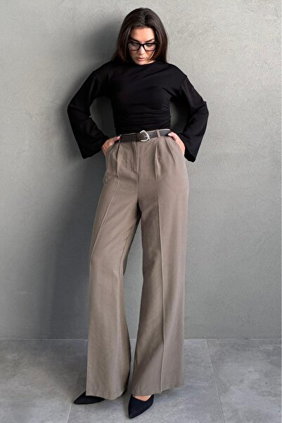 Madmext Χακί ψηλόμεσο πλισέ γυναικείο παντελόνι με φαρδύ πόδι MG2615