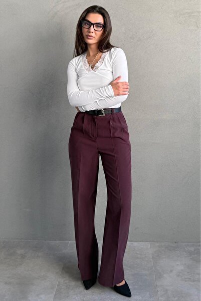 Madmext Дамски панталони с висока талия, плисирани, с колан и широки крачоли ...