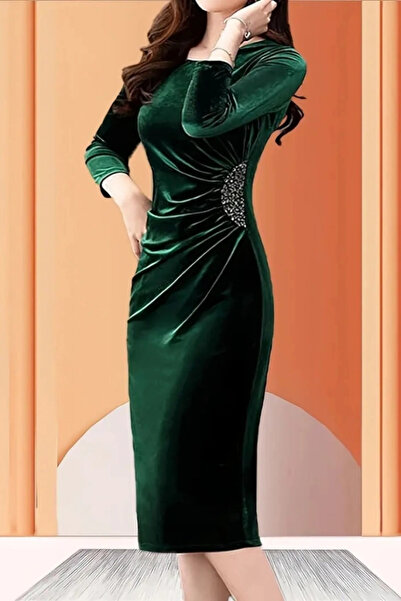 COCOBELLA Kadın Uzun Kollu Yakası Açık Yanlardan Büzgülü Taş Detaylı Midi Kad...