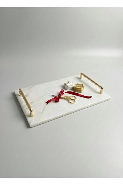 Marbello Lüks Beyaz Mermer Sunum Tepsisi Gold Metal Kulplu - Dekoratif Servis...