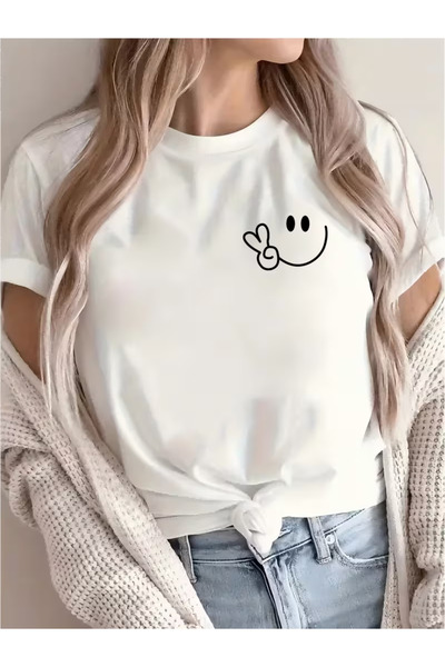 İSMTEXS Tricou unisex cu mânecă scurtă, cu imprimeu cu față zâmbitoare în sti...