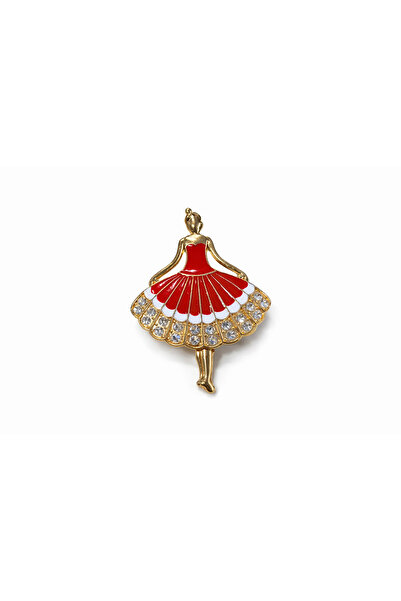OEM Elegant ballerina brooch 6x4 cm, gold finish with red enamel and shiny st...