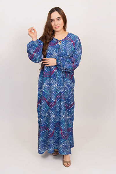 LINELLE جلابية زرقاء للنساء - فستان ماكسي بنقشة تجريدية، ملابس محتشمة