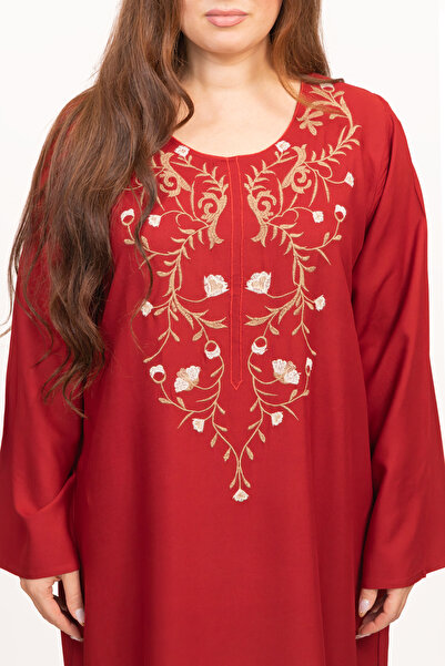 LINELLE جلابية حمراء للنساء - رقبة دائرية بتطريز زهري