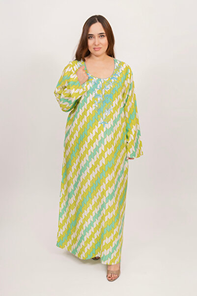 LINELLE جلابيات نسائية – طبعة هندسية صفراء وخضراء