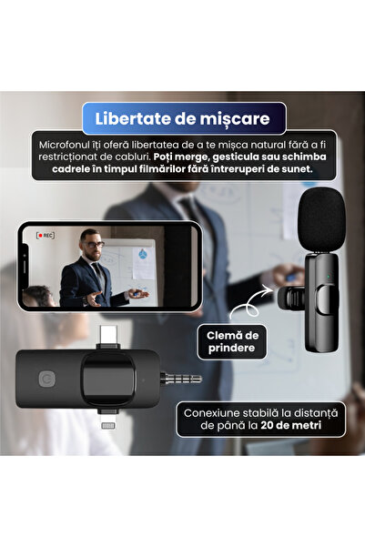 PROUDANKA Microfon wireless lavaliera dublu,plug & play, sunet clar HD,compatibil Android, iOS si camera video