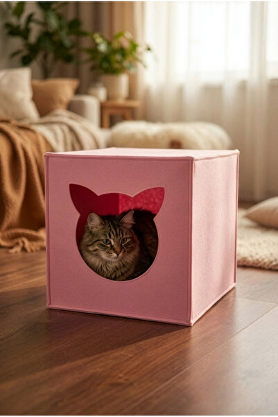YUNUSOĞLU HOME Pembe Keçe Kedi Yuvası Dekoratif Mama Kabı Altlığı Hediyeli Or...