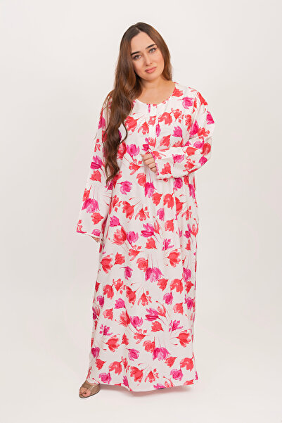 LINELLE جلابيات بيضاء للنساء - بنقشة زهور وردية وحمراء