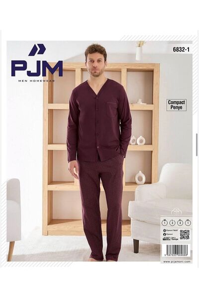 PJM طقم بيجامة رجالي بأكمام طويلة من القطن الممشط المضغوط بأزرار