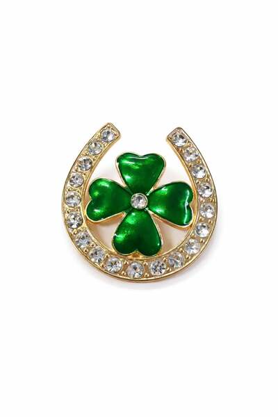 OEM Broșă trifoi cu potcoavă 4x4 cm, finisaj auriu cu pietre, simbol al noroc...