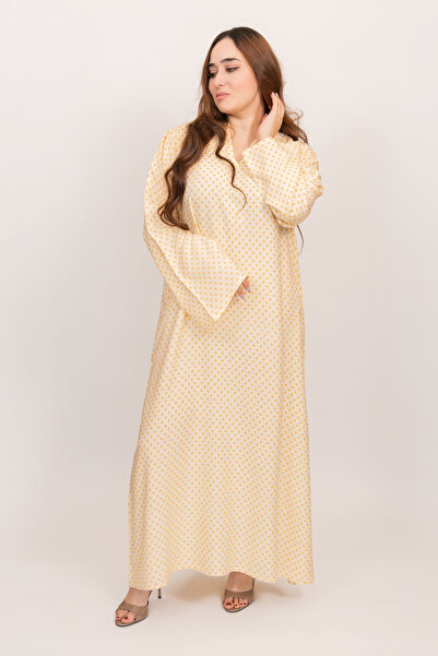 LINELLE جلابية صفراء للنساء - فستان ماكسي محتشم بنقشة متقاطعة