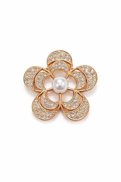 OEM Broșă floare 5x5 cm, finisaj auriu cu perle și pietre, cadou elegant de p...