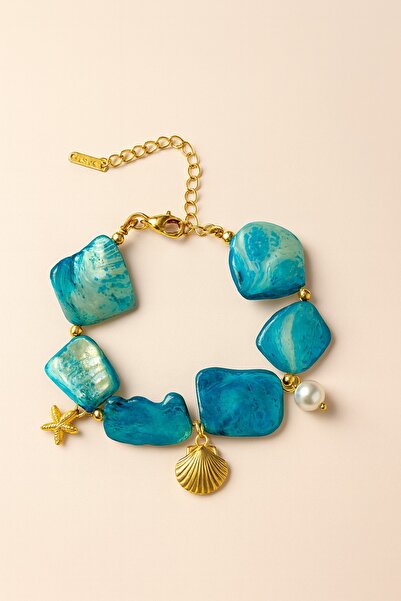 Bidüğüm Gold Color Blue Stone Detailed Steel Bracelet