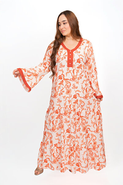 LINELLE جلابيات بيضاء للنساء - بنقشة زهور برتقالية، تصميم حافة متعددة الطبقات