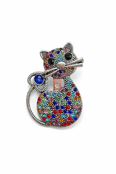 OEM Multicolor Cat Brooch 5x3 cm Crystals Rhinestones Silver Elegant