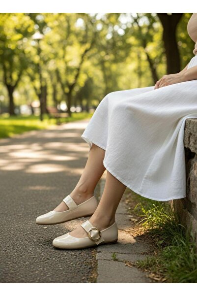 redtan Women's Cream Patent Leather Buckle Detailed Single Strap Casual Balle...