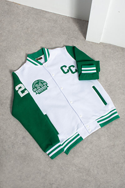 grand coco Men's 3 Thread Sh Fleece-Lined White Green College Jacket