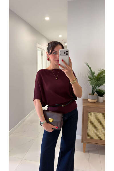 BİRCANÇİL Dlvin Mutra Bordo Melanj Boat Neck Batwing Sleeve Belted Knitwear