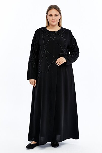 Jamila Taşlı Broş Detaylı Büyük Beden Petek Kumaş Ferace/ABAYA