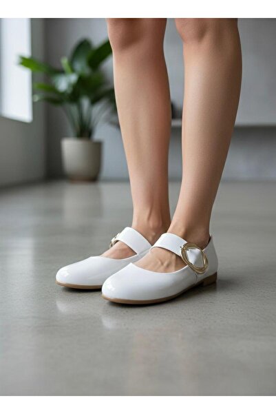 redtan Women's White Patent Leather Buckle Detailed Single Strap Casual Balle...