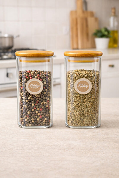 Kitchen Way Set of 2 Square Glass Jars with Bamboo Lids 400ml Food Storage Ja...