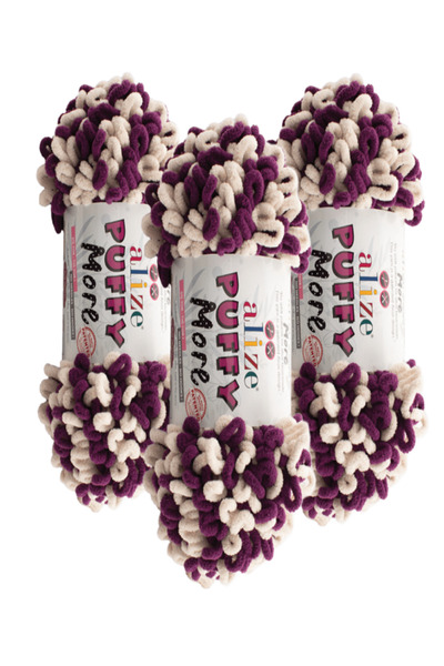 Alize Ață de tricotat manual Puffy More 3 bucăți – 6537 Prune/Cremă – 150 Gr....