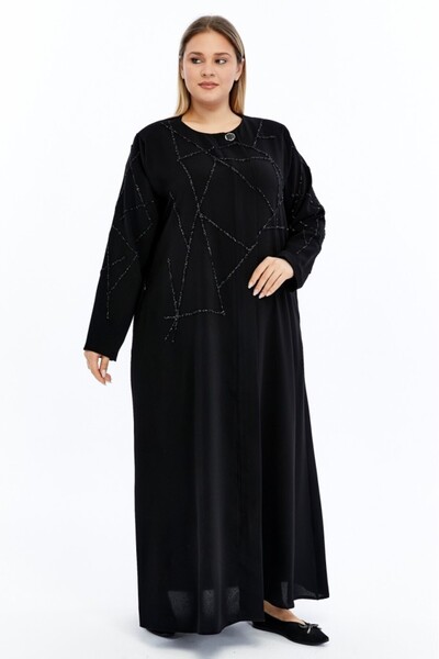 Jamila Taşlı Broş Detaylı Büyük Beden Petek Kumaş Ferace/ABAYA