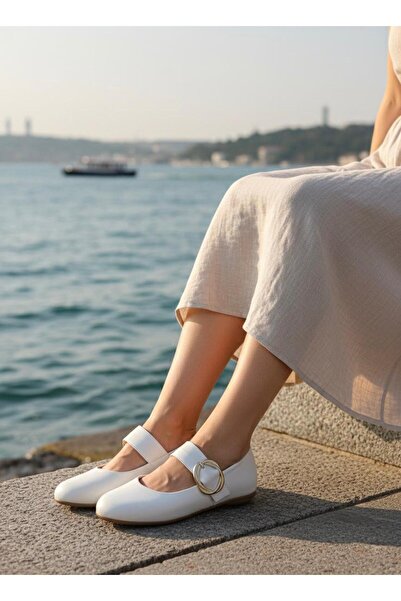 redtan Women's White Buckle Detailed Single Strap Leather Casual Ballerina Shoes