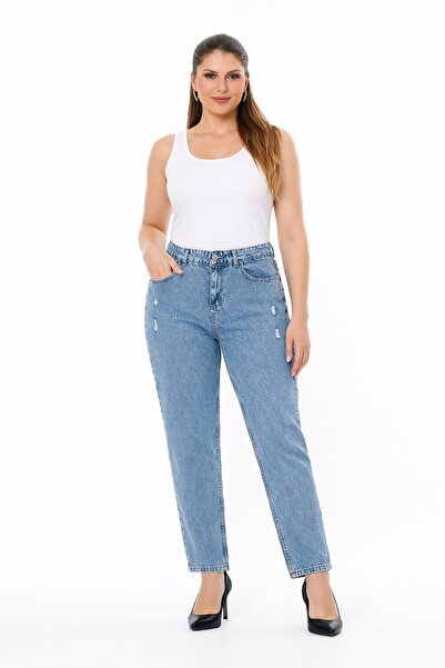 Şans Дамски дънки с висока талия, 5 джоба и разкъсани детайли, размер плюс, с...