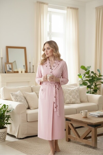 Lohusa Homewear Women's Powder Shawl Collar Floral Pattern Detailed Design wi...