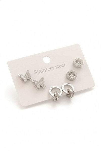 stainles steel Gümüş Renk Kelebek İncili 6'lı Çet Çelik Küpe
