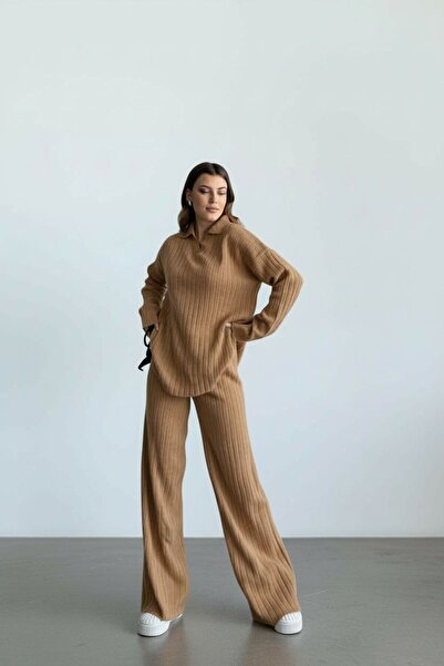 trivvy Women's Knitwear Set Polo Neck Sweater and Trousers